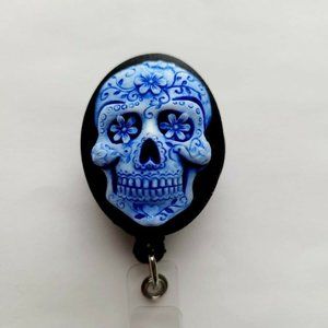 Royal Blue Sugar Skull Retractable Badge Holder ID